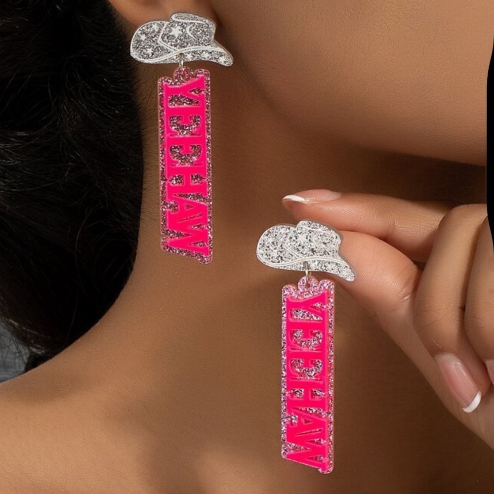 Pink and Silver Glitter 'Yeehaw' Earrings - Picture 3 of 3